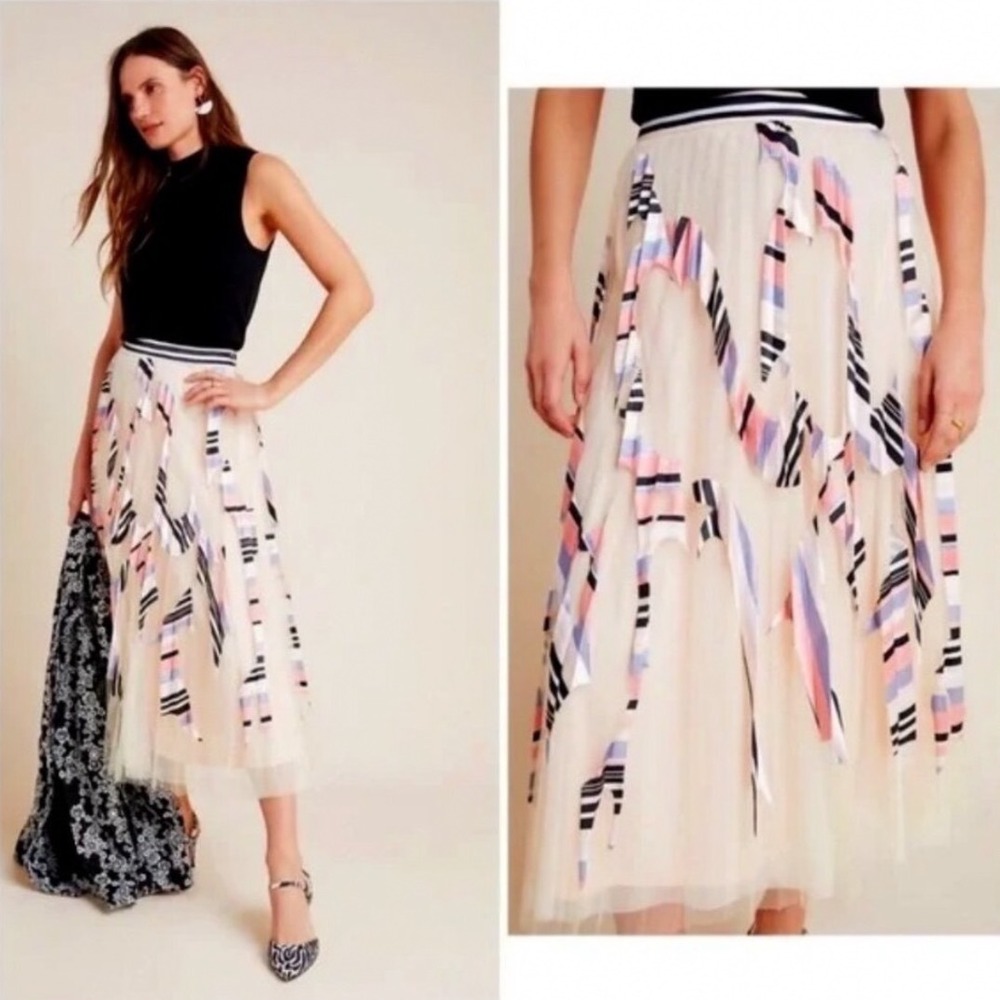 Geisha Designs Anthropologie Mae Appliqué Tulle Midi Skirt Balletcore XS